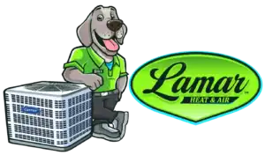 Cartoon dog in green shirt labeled "Slick" leans on a Carrier air conditioning unit next to a green Lamar Heat & Air logo.